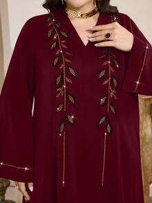Al Najma 大码女式水钻装饰土耳其长袍和阿拉伯传统长裙 - 酒紅色 - 查看 1