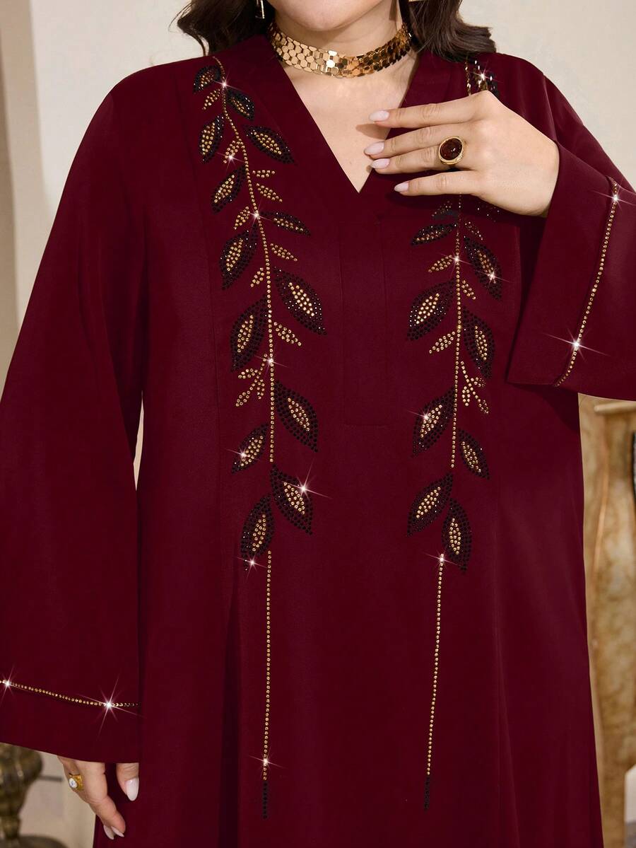 Al Najma 大码女式水钻装饰土耳其长袍和阿拉伯传统长裙 - 酒紅色 - 查看 1