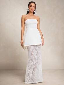 Silquee 白色修身A字短款上衣搭配蕾丝边迷你裙套装，女士中长裙，无肩带两件套，适合约会、毕业典礼、音乐会、伴娘礼服、婚礼、浪漫场合，简约风格，优雅日常穿着，不对称肩部白色连衣裙，吊带两件套，吊带+薄纱半裙两件套，派对、鸡尾酒会、优雅派对和休闲约会 - 白色 - 查看 4