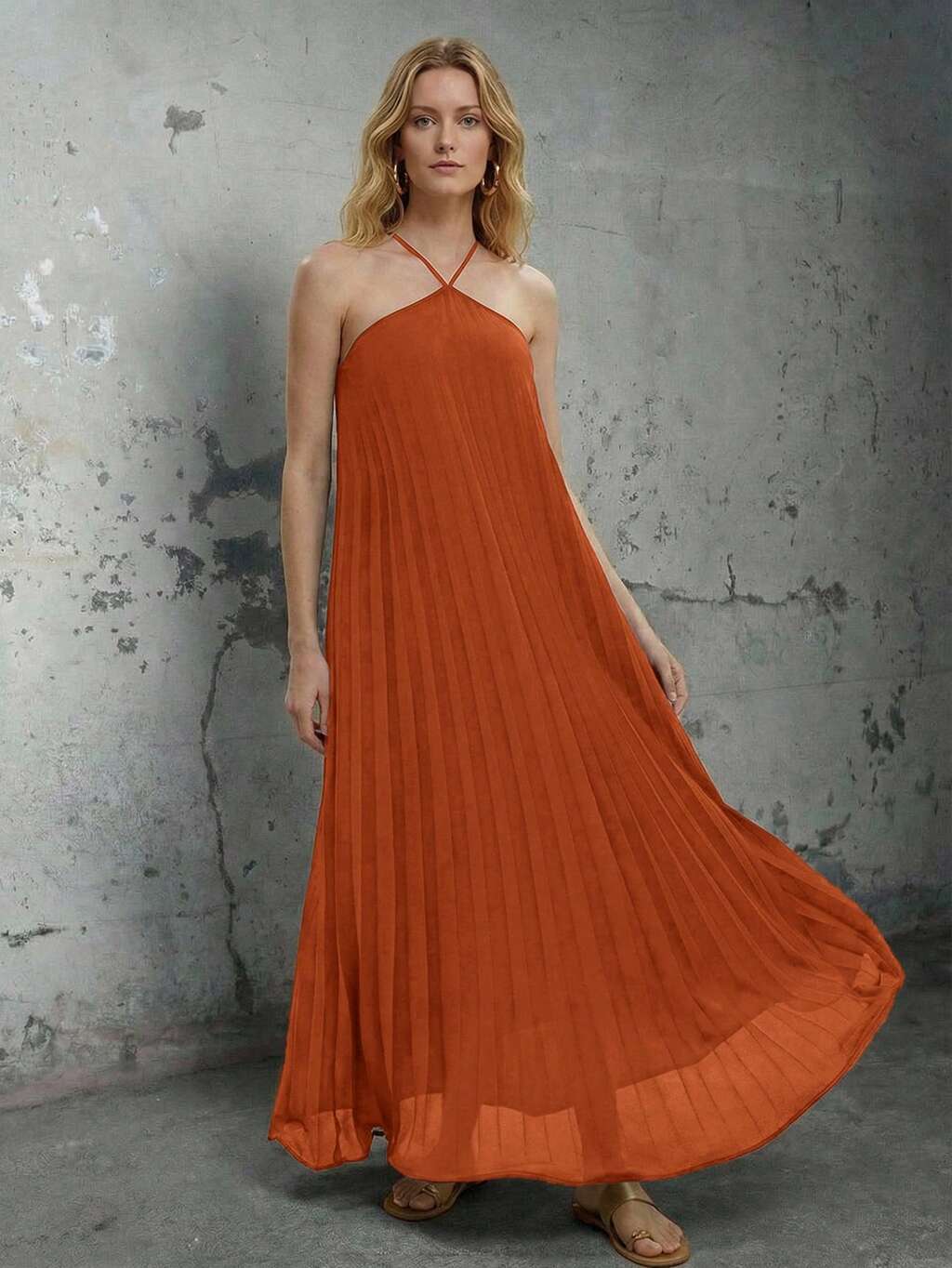 SHEIN Maija 오렌지 홀터넥 플리츠 헴 오버사이즈 드레스, 봄/여름 여성 보헤미안 시크 휴가 스타일리시 미니멀리스트 편안한 다용도
