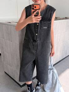 DAZY 少女圆形字母刺绣休闲牛仔背带裤和连体裤 - 灰色 - 查看 3