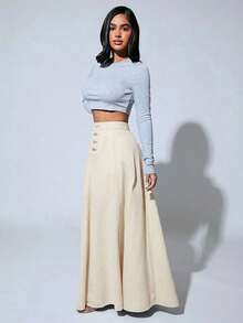 Slaydiva Plus Size Women Button Fly Casual Commuting Extra Long Denim Skirt - Khaki - View 3