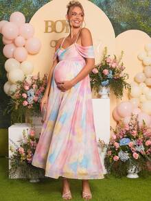Loomaby Pregnant Women's Elegant Tie-Dye Off-Shoulder Ruched Dress, Summer Dress Gender Reveal Dress Maternity Dress Baby Shower Dress - Multicolor - View 1