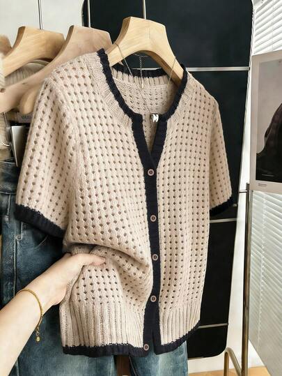 Franclia 女士休闲优雅日常百搭多色圆领插肩短袖宽松修身纽扣前襟撞色镂空设计开衫，撞色设计，适合度假、海滩度假、夏季穿着，女士夏季上衣