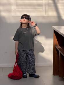 DAZY Young Boy Casual Fashion Street Daily Commute Letter Embroidery Dropped Shoulder Loose T-Shirt And Leopard Print Wide Leg Pants Set, Spring/Summer/Autumn - Dark Grey - View 5