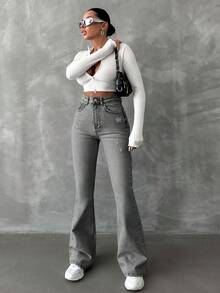 98%Cotton Zipper Fly Distressed Bell Bottom Jeans - Grey - View 6