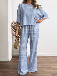 Cloudara Printed Two Pieces Set – Oversize T-Shirt And Elastic Waist Wide Leg Pants - Multicolor - View 5