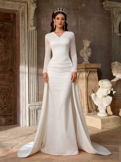 Aureia 优雅简约针织弹力缎面薄纱长袖褶皱腰部A字连衣裙，适合作为婚纱、正式场合或晚礼服。