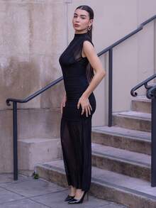 Andrea Bello Black Wrap Shawl Elegant Sheer Ruched Dress, Suitable For Romantic Dates, Parties, Formal Gatherings, Bridesmaid Dresses, Women's Summer Dress, Tea Party Dress, New Year, Valentine's Day, Birthday Mini Dress, Black Dress Black Dress Elegant - Black - View 3