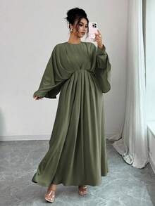 Elenzga 大尺碼女款優雅極簡橄欖綠長洋裝，秋季端莊長裙，蝙蝠袖燈籠袖荷葉邊下擺A字長禮服 - 軍綠色 - 查看 3