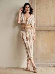 Anewsta Váy dệt kim kẻ sọc khoét lỗ gợi cảm dành cho nữ, váy sarong đi biển. - trắng - Xem 6
