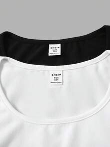 Girlism 2pcs Tween Girl Black & White Minimalist Ruched Waist Fitted Crew Neck Short Sleeve T-Shirt Set - Black and White - View 6