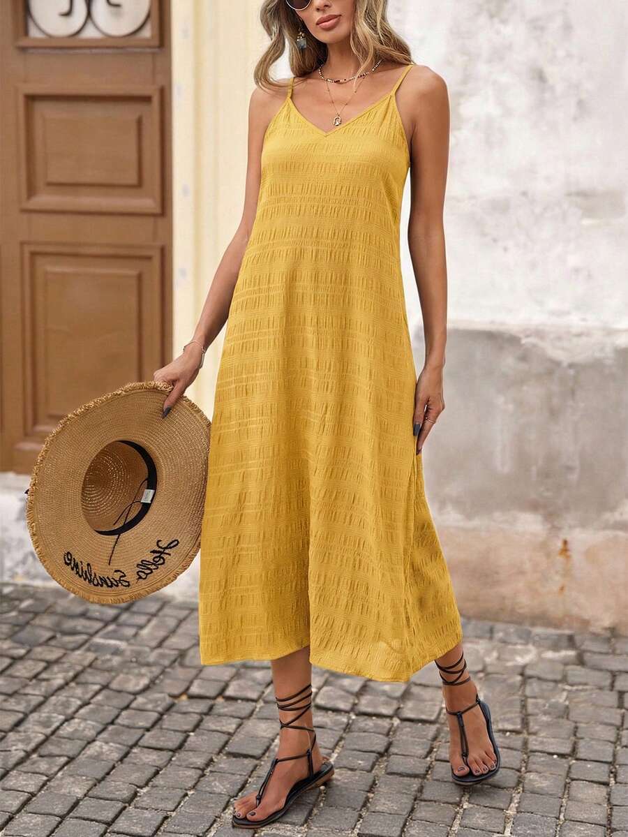 Brillora Vacation Solid Color Woven Spaghetti Strap Textured Midi Dress ,Summer Dress - Yellow - View 1