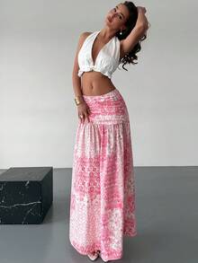 Aloruh 优雅浪漫约会之夜、婚礼季、海滩度假波西米亚风印花低腰百褶飘逸半身裙，粉色波西米亚风半身裙，性感海滩风 - 粉色 - 查看 8