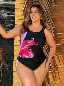 Swim Lushoire Plus Size Women's Black Summer Elegant Formal Beach Evening Holiday Swimwear, Large Floral Print Tummy Control Wide Wireless Bikini Top - Black - View 4