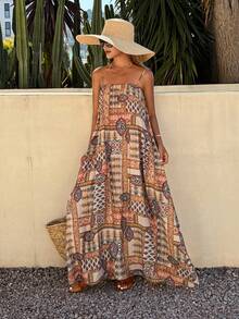 DAZY Đầm maxi nữ in họa tiết toàn thân, thích hợp cho kỳ nghỉ, hẹn hò. - Màu Khaki - Xem 4