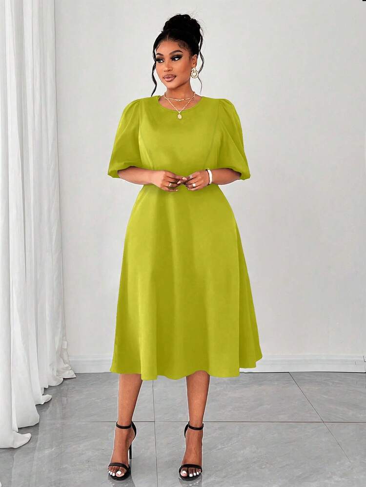 midi green dress women PRETTYGARDEN Women's Summer Elegant Floral Dresses (Army Green,S) short puffy sleeves with frilled edges Green Midi Dress | Flowy,