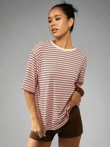 MISSGUIDED Áo thun kẻ sọc dáng rộng cho nữ, tay ngắn, cổ tròn, kiểu dáng thoải mái, thích hợp cho mùa hè. - Nhiều màu - Xem 5