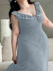 Dazy Plus Camisola Longa de Verão com Decote V Elegante e Babados, Plus Size - Azul - Visão 2