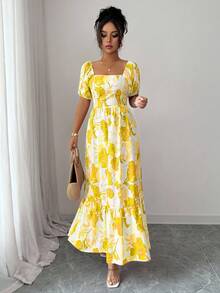 Elenzga 印花收腰方领花瓣袖女式连衣裙 - 黃色 - 查看 4