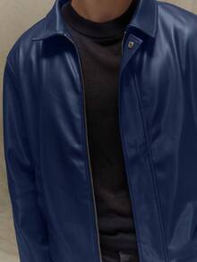 Musero Boxy Fit Leather Long Sleeve Cropped Hidden Placket Leather Jacket Fall Autumn  Spring&Summer - Navy Blue - View 7