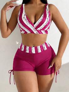 Swim Lushoire 女士成熟魅力海滩度假印花比基尼套装 - 玫紅色 - 查看 1