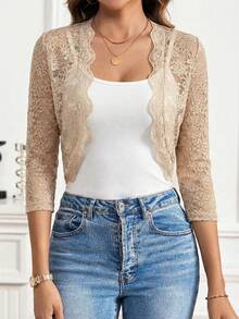 SHEIN Clasi Chaqueta regular elegante de encaje transparente con ribete de concha de unicolor - Albaricoque - Ver 5