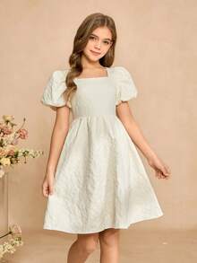 Tween Girls' Petal Sleeve Square Neck Waist Gathered Jacquard Textured Fabric Pattern Elegant Party Dress - Apricot - View 4