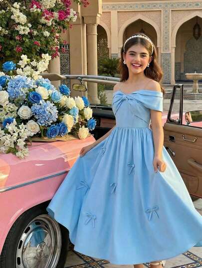 1pc Teen Girl Casual Woven Butterfly Decor Adjustable Strap Fitted Waist Flared Hem Midi Dress, Elegant For Daily Wear, Party, Vacation, Teens & Young Girl, Light Blue