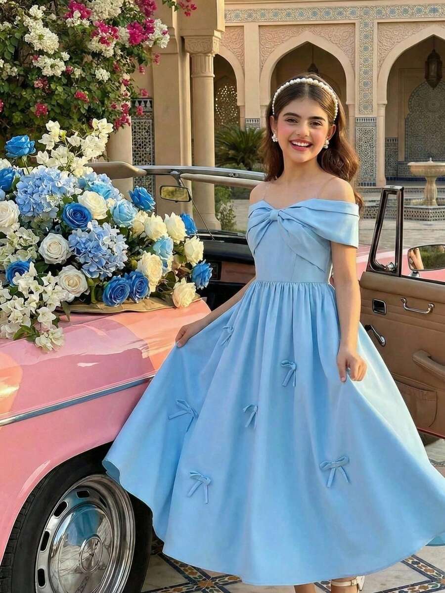 1pc Teen Girl Casual Woven Butterfly Decor Adjustable Strap Fitted Waist Flared Hem Midi Dress, Elegant For Daily Wear, Party, Vacation, Teens & Young Girl, Light Blue - Blue - View 1