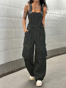 StreetHx Bộ jumpsuit denim dáng rộng, thoải mái, có túi nắp gập, dành cho nữ, phù hợp cho mùa xuân, hè và thu. - Xám - Xem 3