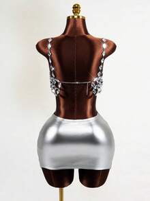 Mistrie Women's Rhinestone Sequin Camisole White Silver Sparkle Summer Techno Party Club Pool Rave Spaghetti Strap Bikini Tank Top Music Festival Y2K Sexy - Silver - View 2