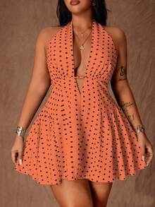Rustia Gaun Mini Seksi Model A-Line Motif Polkadot untuk Wanita Ukuran Plus dengan Tali Leher - Jeruk - View 4