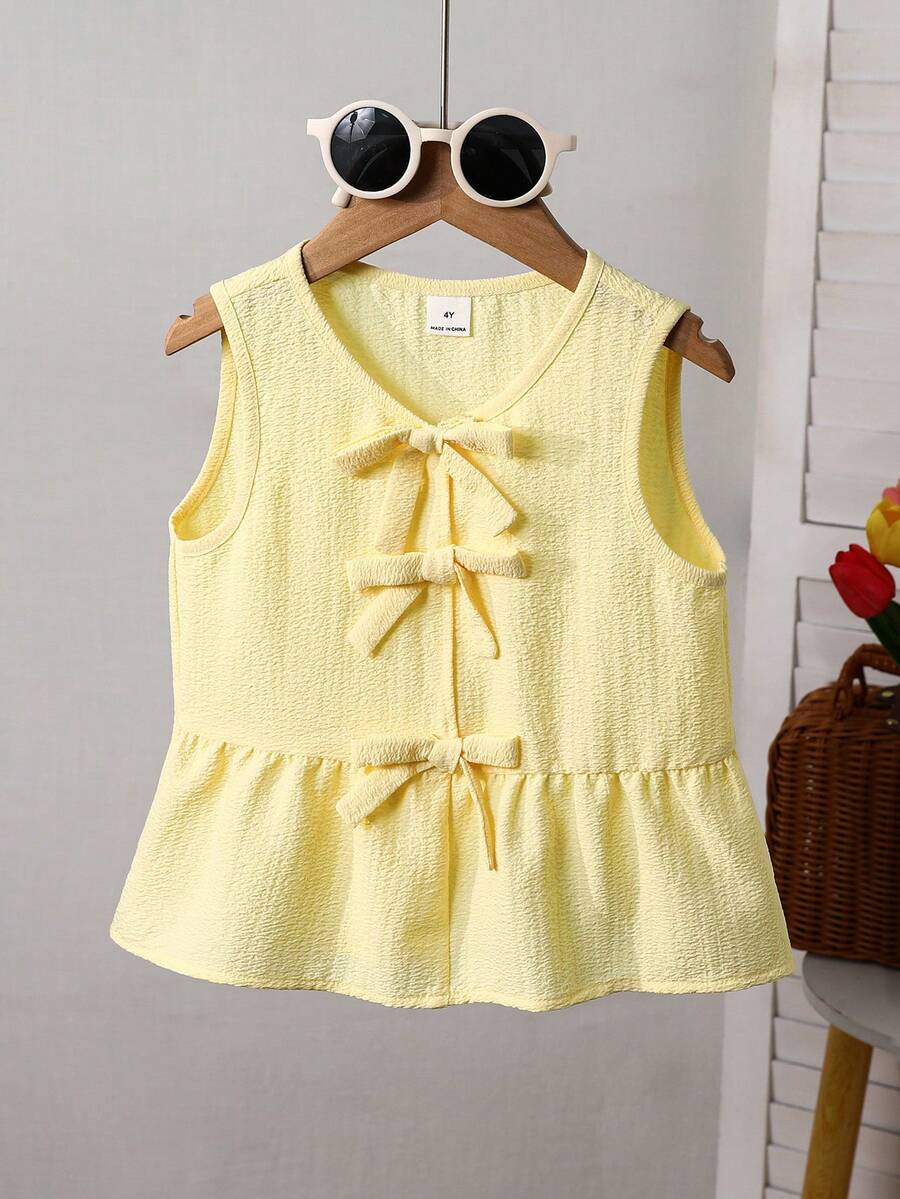 SHEIN Young Girl Summer Casual Sleeveless Shirt With Bow Decor - Yellow - View 1