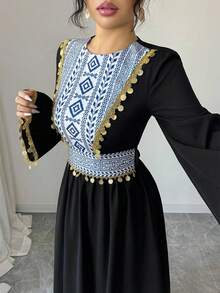 Women's Elegant Geometric Pattern Sequin Splice Flare Sleeve Waist Cinched Arabian Style Dress, Suitable For Spring And Autumn - Black - View 6