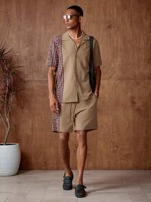 AKNOTIC Business Casual 男士度假风梭织拼接碎花衬衫短裤两件套，休闲款 - 咖啡棕 - 查看 6