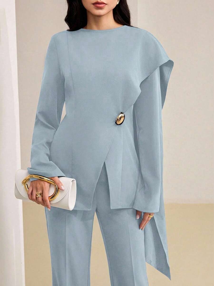 Veilorie Women's Elegant Elegant Casual Office Commute Solid Color 2 In 1 Loose Long Sleeve Shirt, Spring/Autumn - Blue - View 1