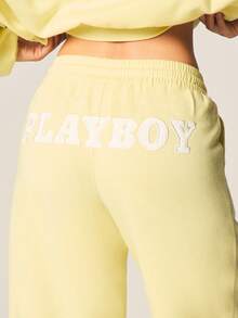 Missguided x Playboy 宽腿抽绳慢跑运动裤，配有弹性腰带和侧袋，休闲舒适 - 黃色 - 查看 6