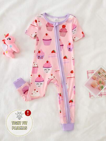 Pelele de bebé niña con estampado de pastel de dibujos animados y contraste de color, body suave y cómodo