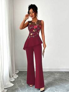 SHEIN Elenzya Women's Fashion Casual Elegant Collared V-Neck Sleeveless Top And Straight Leg Satin Pants 2-Piece Set - Red - View 5