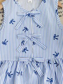 SHEIN 女童蓝白条纹蝴蝶结套装 - 包括：舒适的无袖蝴蝶结装饰上衣和荷叶边短裤，蝴蝶印花图案，柔软面料，适合夏季穿着，甜美的条纹和蝴蝶结设计，适合日常/休闲穿着，舒适贴身，易于搭配和保养，打造清新可爱的女孩造型 - 藍色 - 查看 3