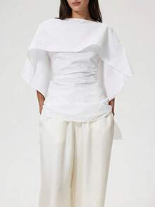 Aloruh Women's White Autumn Elegant Tea Party Round Neck Pleated Fashion Blouse Chic Casual Shirt Simple Stylish Office Modest Top Ruffled Top - White - View 1