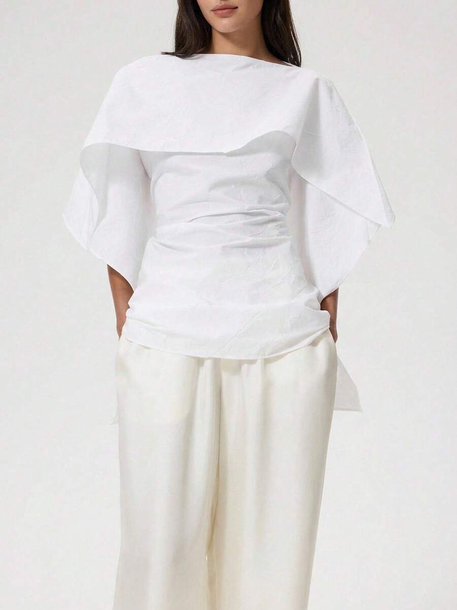 Aloruh Women's White Autumn Elegant Tea Party Round Neck Pleated Fashion Blouse Chic Casual Shirt Simple Stylish Office Modest Top Ruffled Top - White - View 1