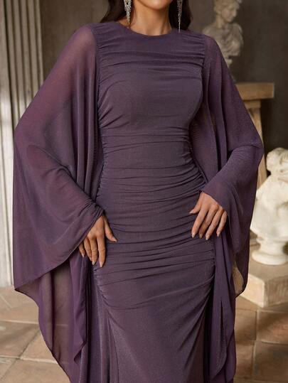 Aureia 优雅简约针织弹力缎面水滴袖褶皱修身鱼尾裙，女士晚礼服、正式礼服、鸡尾酒礼服