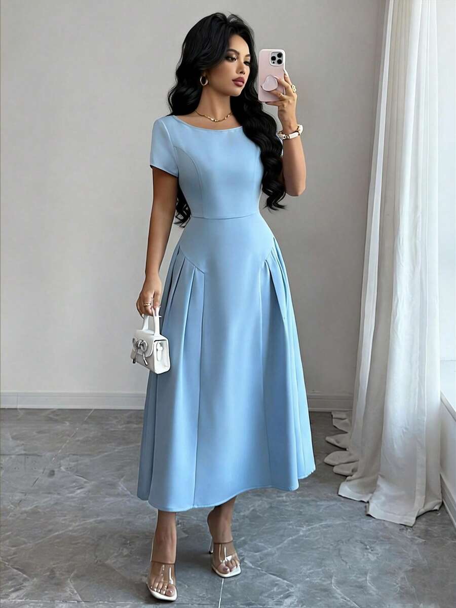 Elenzga 女士夏季圆领纯色优雅连衣裙，法式设计，收腰短袖荷叶边下摆，尽显优雅气质，适合日常出行、约会、假日度假等场合。 - 藍色 - 查看 1