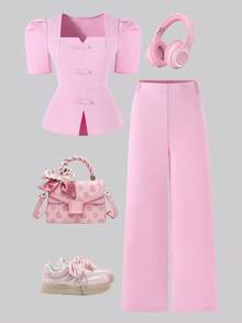 SHEIN 青少年女孩夏季純色泡泡袖短版上衣與長褲套裝 - 彩色 - 查看 4