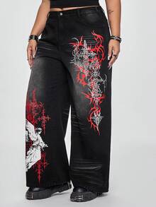 ROMWE Grunge Punk Quần jeans ống rộng dáng suông thoải mái, họa tiết chéo, có túi, dành cho nữ cỡ lớn. - màu đen - Xem 3