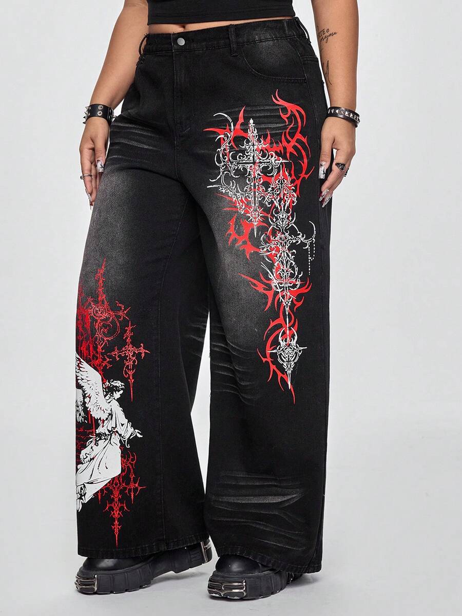 ROMWE Grunge Punk Plus Size Women Cross Pattern Pocket Wide Leg Loose Casual Jeans - Black - View 1