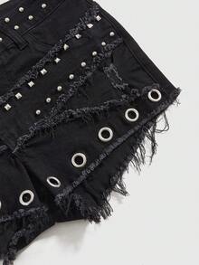 ROMWE J-Fashion Quần short denim nữ dáng ôm, rách rưới, đính ngọc trai, phong cách vintage Y2K. - màu đen - Xem 4