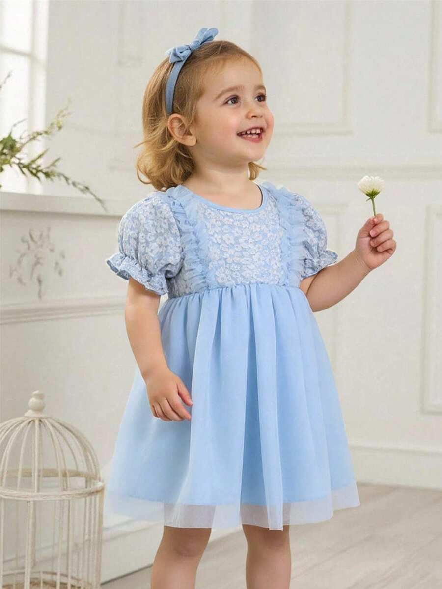 SHEIN 女婴夏季休闲拼接提花荷叶边连衣裙 - 藍色 - 查看 1